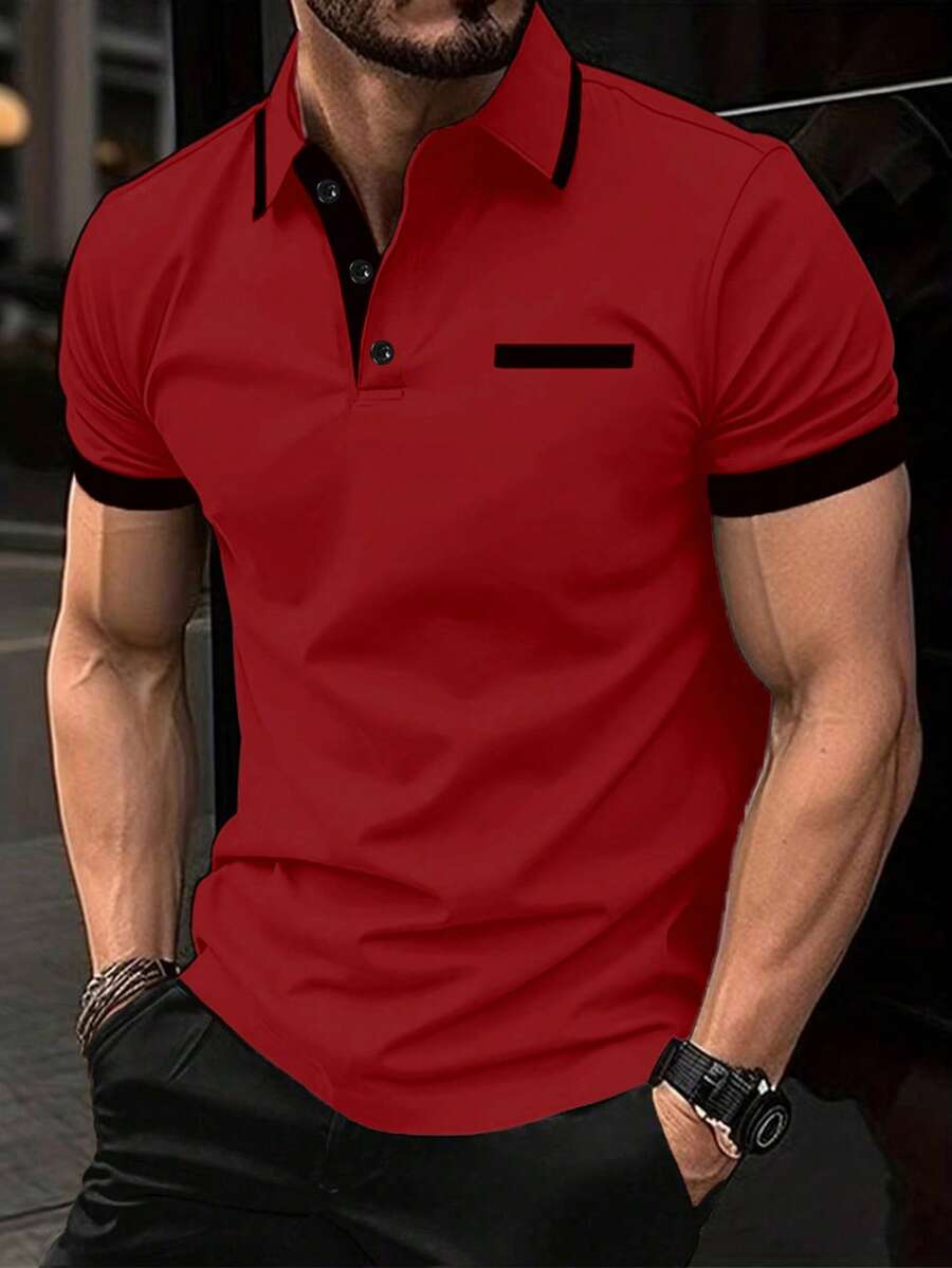 Manfinity Homme 男士對比飾邊休閒短袖 Polo 衫,夏季紅色男款高爾夫拉鍊領,黑色純棉,正式風 - 紅色 - 查看 1