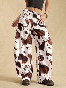 Easelle Women's Casual Fashion Street Cow Print Loose Wide Leg Pants Machete Pants Trousers Autumn And Winter Cow Pattern Retro Casual Fashion 2025