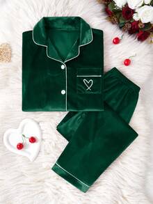 SHEIN 2件套女童韩版羊毛心形刺绣开衫和裤子睡衣套装 - 綠色 - 查看 7