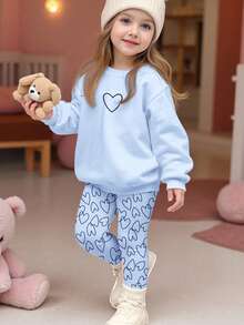 Soft Mist Blue, Cute Heart Print, Baby Girl Casual Minimalist Soft Thick Comfortable Crew Neck Long Sleeve Sweatshirt And Leggings Set, Suitable For Autumn/Winter Daily, Home, Cozy Season, Autumn & Winter Outfits For, Easy Comfort, Autumn & Winter Layers For Baby Girls, Stylish Baby Girls, Casual Wear, Baby Girl Graphic Clothes, Fall & Winter Clothes, Christmas Clothes, Chic Autumn, Fall New Style, Homecoming, Winter Fashion - Multicolor - View 5
