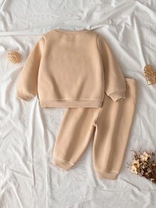 Loomiva 2pcs Baby Girl Letter Print Soft Knit Crew Neck Long Sleeve Sweatshirt And Elastic Waist Pants Set - Khaki - View 2