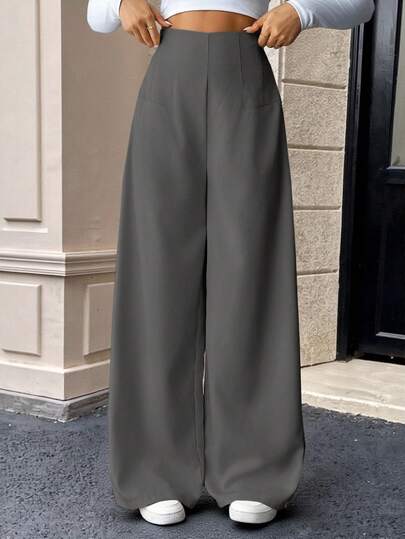 SHEIN 青少年女孩休闲时尚舒适高腰阔腿直筒裤，适合日常穿着，灰色