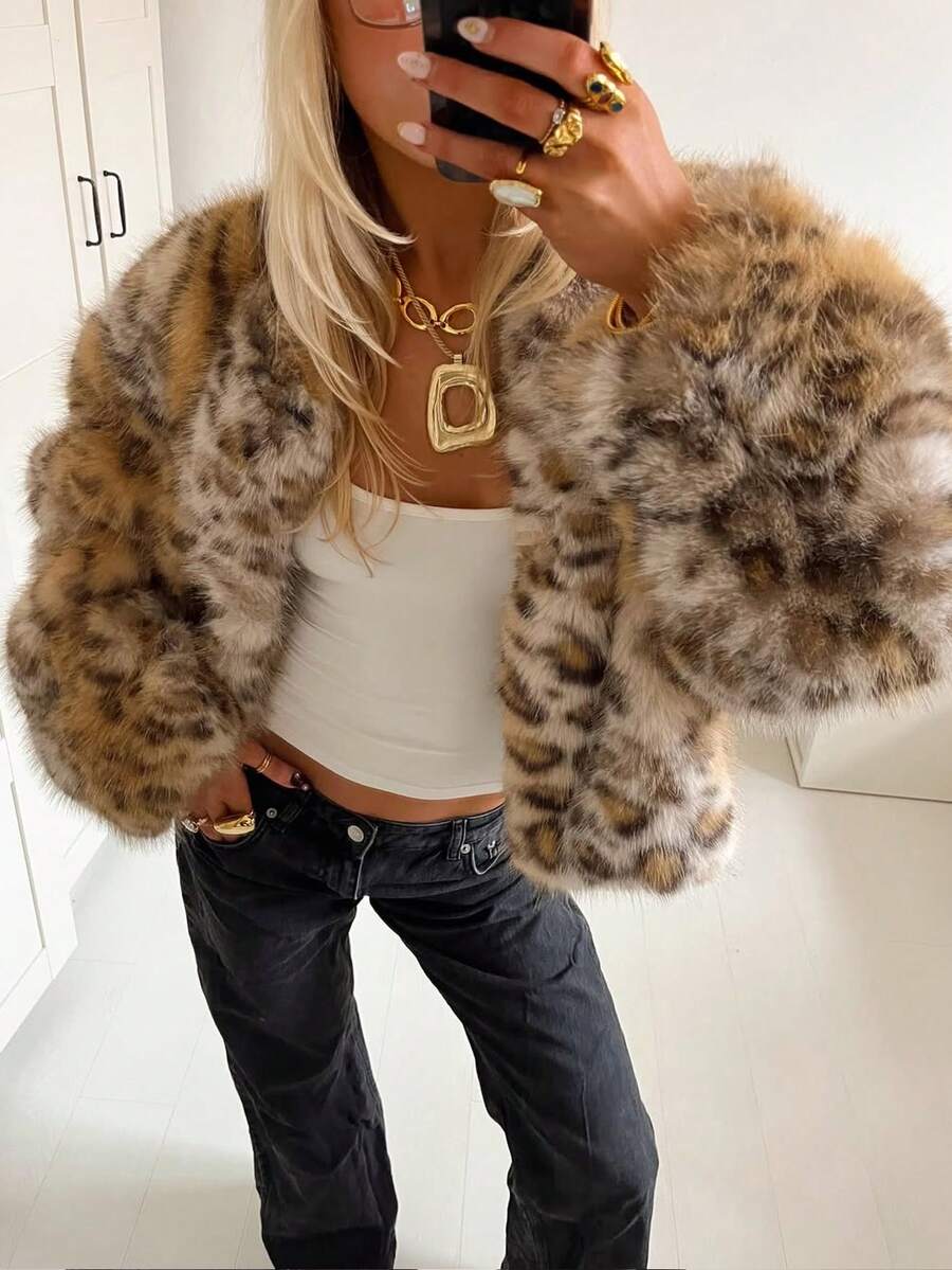 Siren Gaze 秋冬新款豹纹蓬松短款女外套 - 棕色 - 查看 1