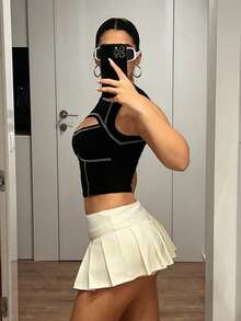 SHEIN ICON Women's Solid Color Adjustable Buckle Design Sexy Mini Side Slit Pleated Skirt Party - Beige - View 6