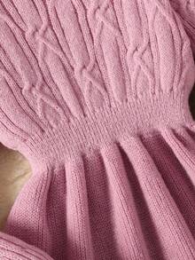 SHEIN Serisse Kids Tween Girl Fashionable Cable Knit Jacquard Crew Neck Casual Waist Cinched Long Sleeve Sweater Dress, Girls Pink Dress,  Girls Knitted Dress, Girls Midi Dress With Sleeves, Long Sleeve Midi Dress, Tween Midi Dress
