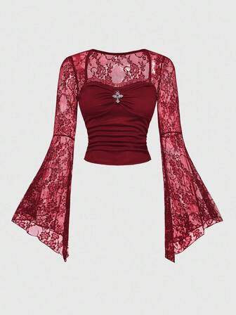 Goth Blusa de cuello cuadrado con mangas acampanadas, parches de encaje y estilo gótico, color borgoña