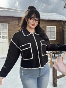 SHEIN EZwear Große Größen Farbblock Taschen Lässig Tweed Jacke, Herbst/Winter - Schwarz und Weiss - Übersicht 5