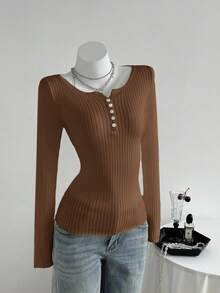 SHEIN Unity 女式纯色长袖纽扣设计修身休闲罗纹毛衣，秋冬 - 棕色 - 查看 4