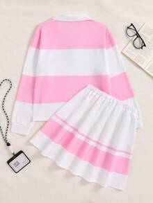 SHEIN Explorewe 青少年女孩运动休闲拼色长袖上衣和迷你裙套装，秋季 - 粉色 - 查看 2