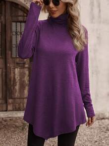 SHEIN LUNE Women's Casual Everyday Commute Minimalist Solid Color Turtleneck Long Sleeve Loose T-Shirt, Autumn/Winter - Red Violet - View 3
