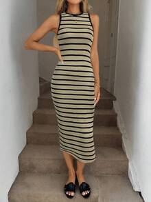 Easowa 黑白条纹修身侧开衩中长连衣裙，适合度假休闲、办公室穿着，春夏季 - 卡其色 - 查看 4