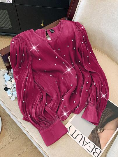 GlowEve Blusa de lujo francesa con cuentas para mujer de talla estándar