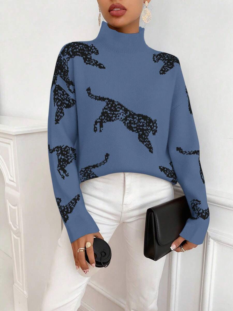 SHEIN LUNE Women's Casual Oversized Leopard Animal Print High Neck Loose Sweater, Autumn/Winter - Dark Blue - View 1