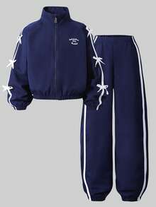 SHEIN Sparklyn Girls' Casual Versatile Outfit Set, With White Letter Embroidery On Front, White Ribbon Bow On Sleeve & Pant Sides, Elastic Cuffs & Hem, Suitable For Autumn/Winter Outings, Can Be Paired With T-Shirts & Long Sleeves