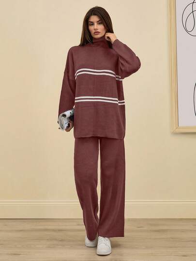 SHEIN Tall Women's Casual Everyday Striped Patchwork Crew Neck Loose Knit Sweater And Pants Set, Autumn/Winter