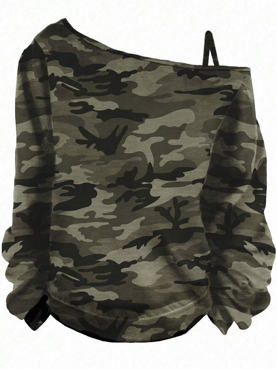 EMERY ROSE Dark Green Autumn Plus Size Women Camouflage Print T-Shirt,Casual Everyday Asymmetric Spaghetti Strap Cold Shoulder Minimalist Full-Width Tee Top Fall - Army Green - View 1