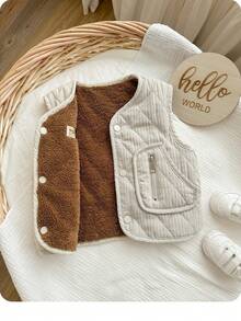 SHEIN 女婴罗纹无袖保暖内衬休闲前扣保暖棉服，冬季