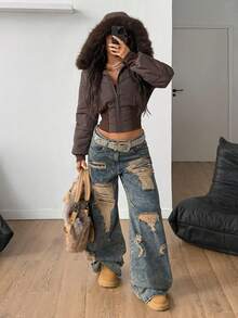 Coolane Women's Winter Streetwear Basic Daily Wear Quilted Coat With Flannelette Hat Brown Warm/ Cold Weather/ Thermal Crop Jacket,Women's Winter Clothes - Brown - View 2