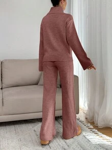 SHEIN Tall Women Relaxed Fit Turtle-Neck Sweater With Rib Knit Detailed And Straight Knit Pant Set, Tall Women - Dusty Pink - View 2