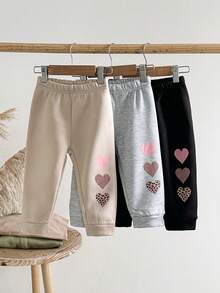 SHEIN Playful Pals 3件套女婴休闲豹纹印花和心形图案松紧腰保暖内衬运动裤 - 彩色 - 查看 5