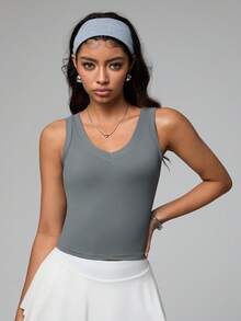 Dewbera Áo ba lỗ thể thao bó sát cổ chữ V màu trơn dành cho nữ - Xám - Xem 5