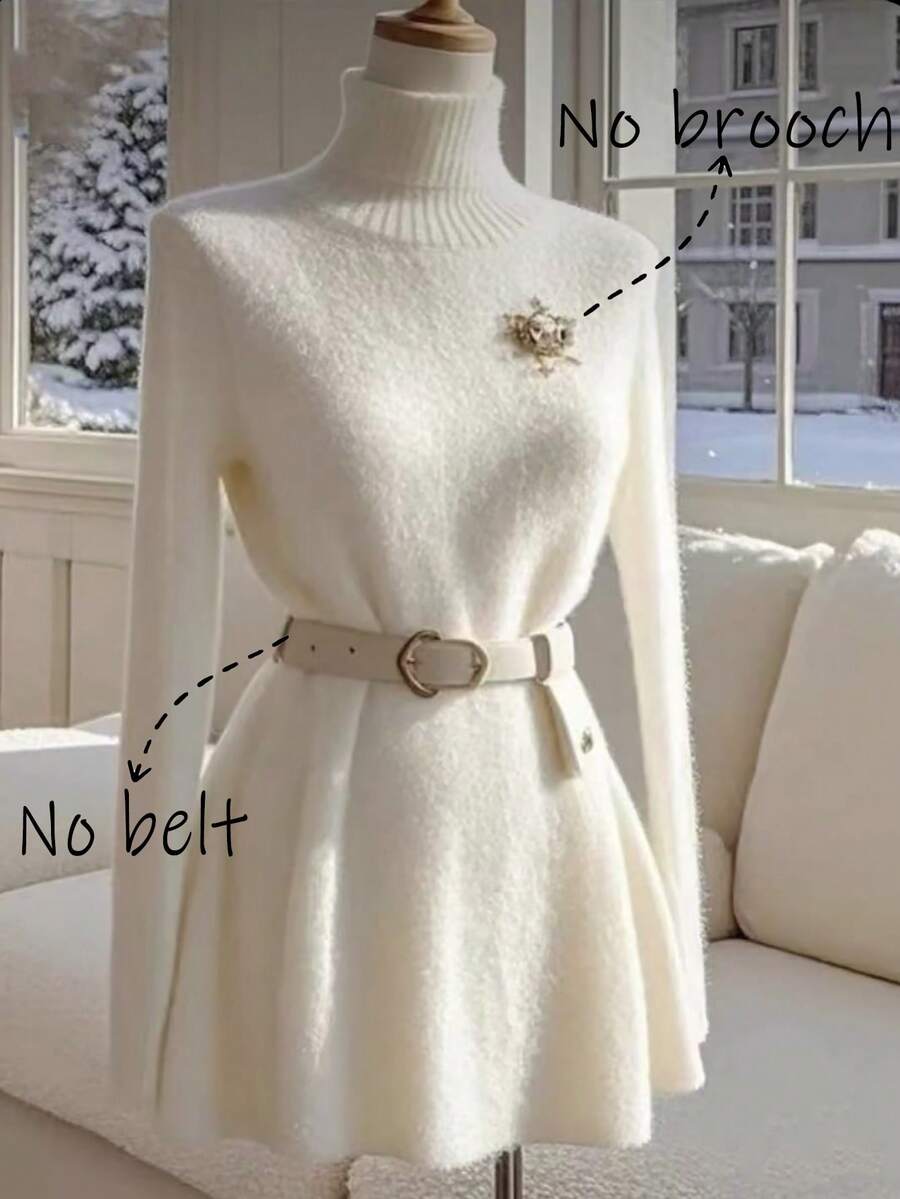 Franclia 女士秋冬高领长袖蓬蓬针织毛衣裙，法式优雅毛茸茸宽松休闲针织毛衣，女士圣诞装，冬装，女士秋装，优雅白裙，女士优雅装，婚礼活动礼服 - 白色 - 查看 1