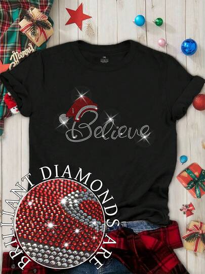 SHEIN LUNE Plus Size Women's Christmas Hat Believe Letter Hot Rhinestone Printed T-Shirt Short Sleeved Top Graphic Tees Women Tops