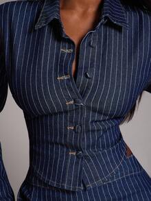 NYA SZN Áo khoác denim dáng ngắn tay dài cài nút, họa tiết sọc, ôm sát, phong cách đường phố, thường ngày, công sở, mùa thu đông, phù hợp đi làm, dự lễ hội, lễ hội hóa trang dành cho nữ. - Rửa tối - Xem 5