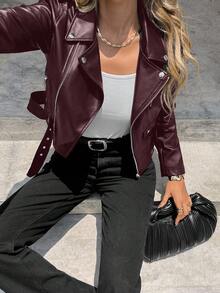 SHEIN Essnce Kurtka ze skóry PU z wycięciem pod szyją, zamkiem błyskawicznym z przodu i paskiem na jesień/zimę