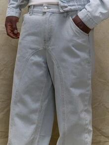 Musero Straight Leg Panelled Denim Jeans Pants Spring Summer Holiday Vacation - Light Wash - View 5