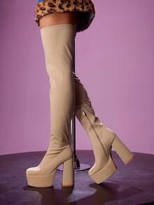 CUCCOO LuxiPop Giày bốt thời trang dự tiệc gót dày gợi cảm có khóa kéo co giãn, thích hợp cho Halloween, Giáng sinh, trang phục dự tiệc, phong cách hộp đêm mùa thu - Màu be - Xem 6