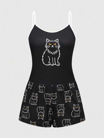 Goth Ensemble de pyjama casual femme avec débardeur graphique chat noir et blanc et short avec bretelles contrastées