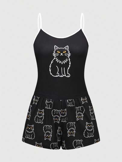 Goth Set pigiama casual da donna con canotta e pantaloncini con grafica di gatto in bianco e nero e contrasto di cinturini