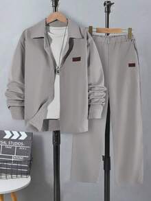 Vacaura 2pcs/Set Older Kids' Casual Gentleman Single-Breasted Grey Long Sleeve Shirt Paired With Elastic Waist Slant Pocket Casual Pants, Spring/Autumn