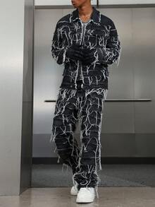 PAVTROS American Style Patch & Fringe Denim Set Fringe Pants Men Black And White Pants, Fall Clothes OVERSIZE Frayed Black Street Rave Couple For GenZ - Blue - View 6