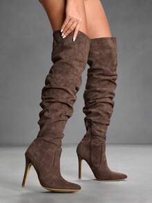 CUCCOO SZL Women's Slim Heel High Heel Deep Brown Autumn/Winter Boots, Sexy Party/Dance Boots, Wide Leg Boots, Pleated Boots, Thigh High Boots, Suede For Christmas Valentine's Day - Coffee Brown - View 4