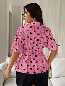 Vionelle Camisa casual de mujer talla grande con estampado de lazo, manga corta, abotonadura sencilla y cintura ceñida, top plisado rosa pastel de verano, camisa linda para uso diario - Multicolor - Ver 2
