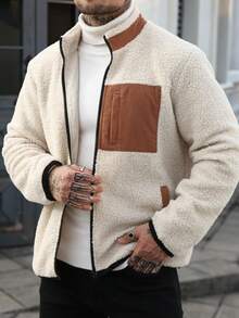 Manfinity Homme Men's Casual Patchwork Fabric Zip-Up Stand Collar Long Sleeve Jacket, Autumn/Winter - Multicolor - View 7