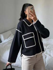 SHEIN EZwear Große Größen Farbblock Taschen Lässig Tweed Jacke, Herbst/Winter - Schwarz und Weiss - Übersicht 1