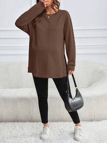 SHEIN 孕妇圆领长袖休闲运动衫，侧开衩下摆，秋冬 - 棕色 - 查看 5
