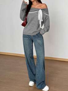 SHEIN Unity Áo len ngắn ren tương phản dễ thương hở vai thường ngày dành cho nữ - Xám - Xem 3