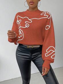 SHEIN LUNE 女式休闲度假风格图案立领落肩宽松灯笼袖毛衣，秋冬 - 珊瑚橙 - 查看 5