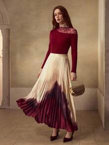 MOTF PREMIUM LACE INSERT LETTUCE TRIM SLIM FIT RIB-KNIT TEE - Burgundy - View 1