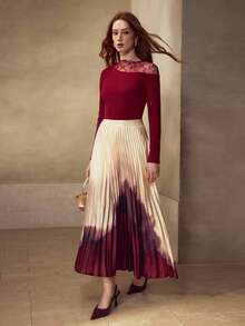 MOTF PREMIUM LACE INSERT LETTUCE TRIM SLIM FIT RIB-KNIT TEE - Burgundy - View 5