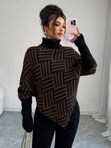 Elenzga Women's Elegant High Neck Geometric Textured Poncho Sweater, Colorblock, Suitable For Home & Travel, Spring/Autumn - Chocolate Brown - View 5