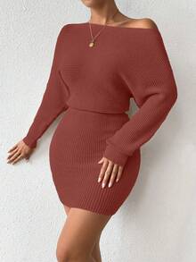 Elenzga Autumn/Winter New Solid Color Cinched Waist Bodycon Knit Dress - Redwood - View 3