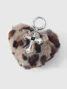 ROMWE Kawaii 1pc Y2K Retro Punk Goth Style Brown Faux Fur Leopard Print Rivet 3D Heart Cross Pendant Keychain, Suitable For Women, Daily Wear Or Gift, Halloween