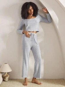 Ocili 女士纯色上衣和裤子家居服套装，休闲舒适，腋下有条纹，灰色圆领，适合秋冬季穿着。 - 淺灰色 - 查看 4