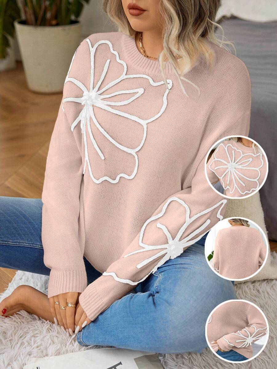 Calvaya Áo len chui đầu cổ tròn in họa tiết đồ họa cỡ lớn thường ngày - Hồng - Xem 1