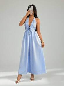 SHEIN PETITE 女士性感露背吊带条纹连衣裙，夏季 - 藍白色 - 查看 5